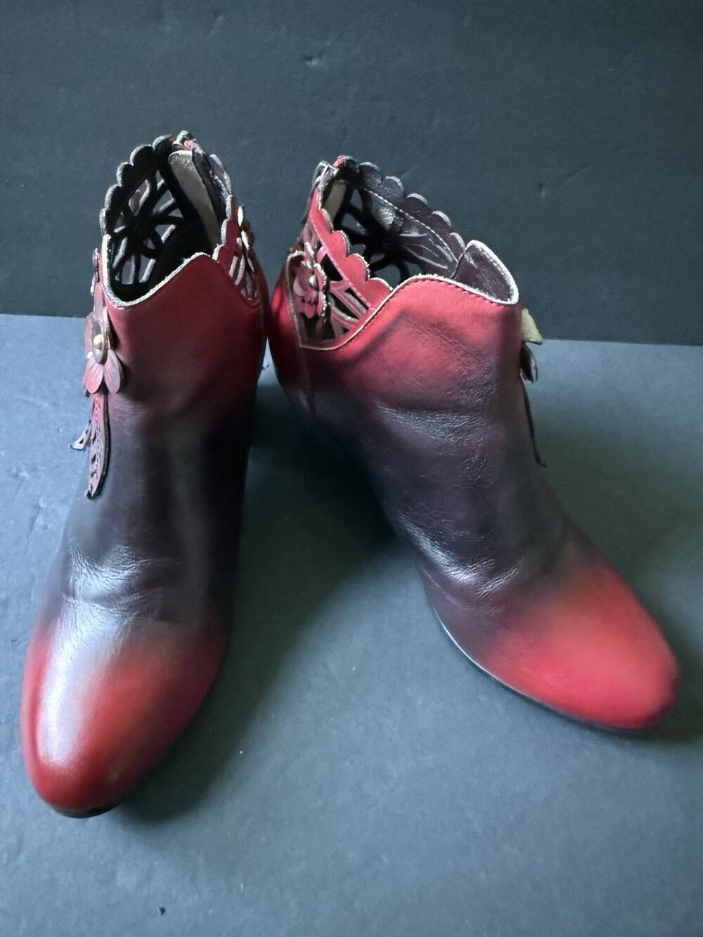 Super Lady Star Blooming Elegance Floral Ankle Boots Red Burgundy Leather Size 9